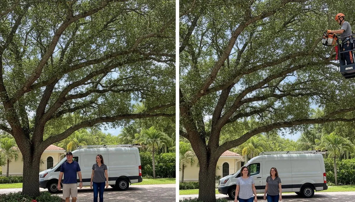 Arborist performing canopy lift to improve clearance on residential tree in Boca Raton, FL