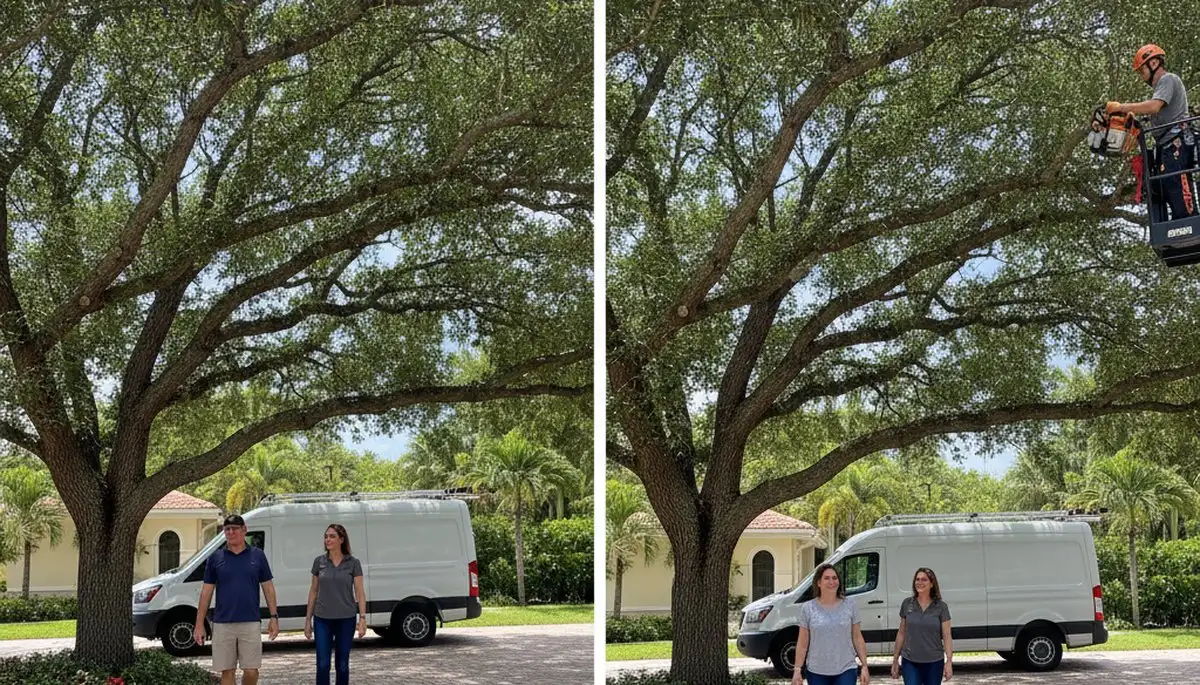 Arborist performing canopy lift to improve clearance on residential tree in Boca Raton, FL