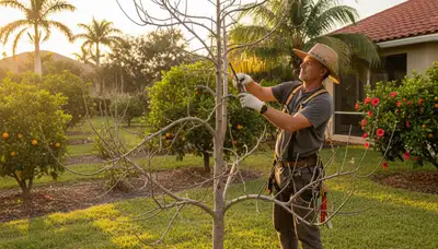 Arborist pruning fruit tree for optimal growth in Boca Raton FL backyard orchard