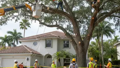 Arborists using bucket truck for large tree removal at a home in Boca Raton, FL