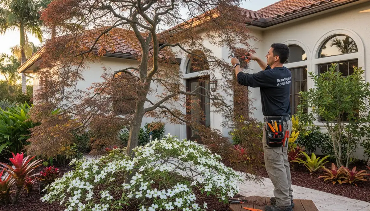 Arborist hand pruning ornamental Japanese maple for curb appeal in Boca Raton FL landscape.