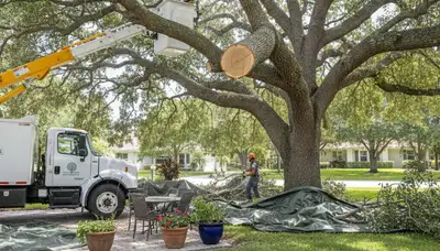 Arborist removing dead branches from mature tree in Boca Raton FL during professional tree trimming service
