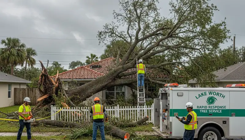 Emergency tree removal crew clearing storm-damaged trees in Boca Raton FL after severe weather