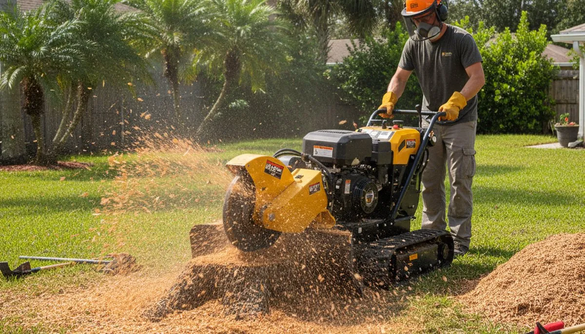 Professional stump grinding service removing tree stumps in Deerfield Beach, FL yard landscaping