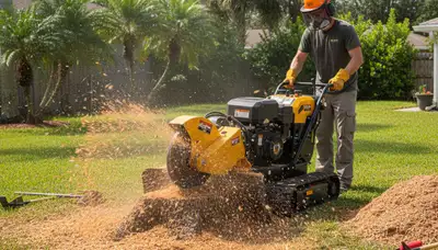 Professional stump grinding service removing tree stumps in Deerfield Beach, FL yard landscaping