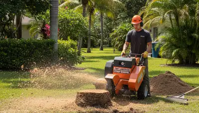 Professional stump grinding service removing tree stumps in Boca Raton FL yard for lawn restoration