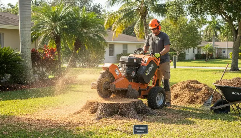 Professional stump grinding removing tree stumps for lawn restoration in Lake Worth, FL near Boca Raton