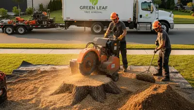 Technician performing professional stump removal in Boca Raton FL yard with grinding equipment