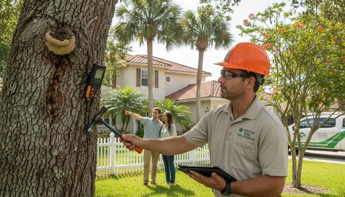 Certified arborist performing tree health assessment for homeowners in Boynton Beach, FL
