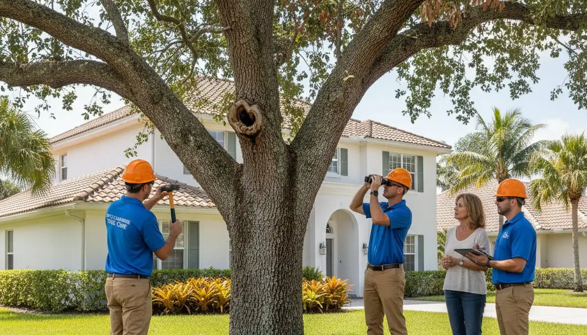 Certified arborist performing tree health assessment for homeowners in Boca Raton, FL