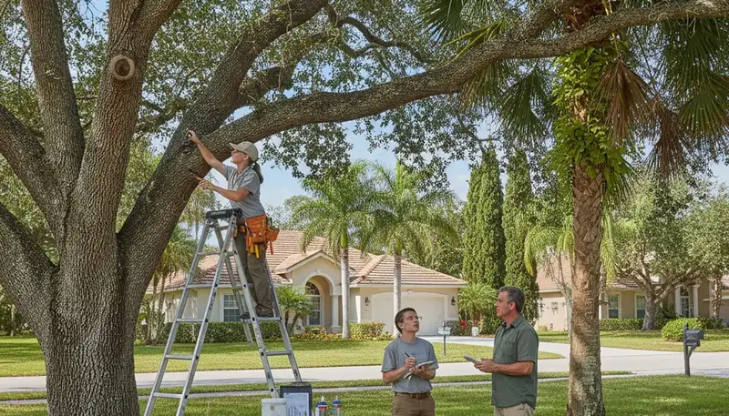 Certified arborist performing tree health assessment for homeowners in Lake Worth, FL