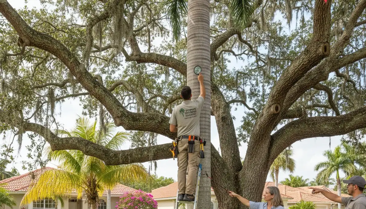 Certified arborist performing tree health assessment for homeowners in Boca Raton, FL