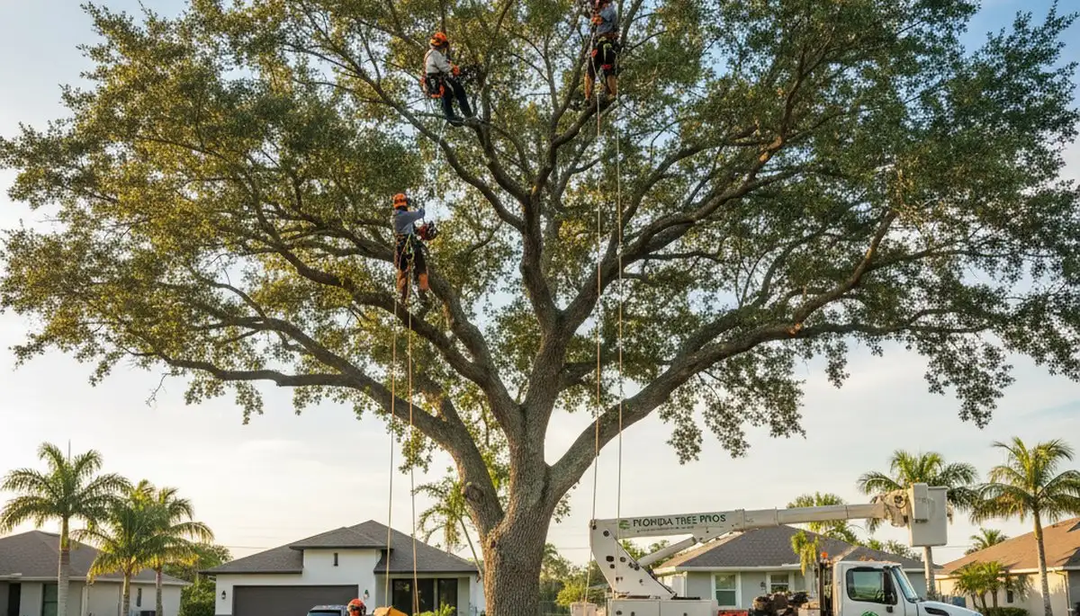 Professional tree removal service in Boca Raton FL safely cutting and clearing large oak tree