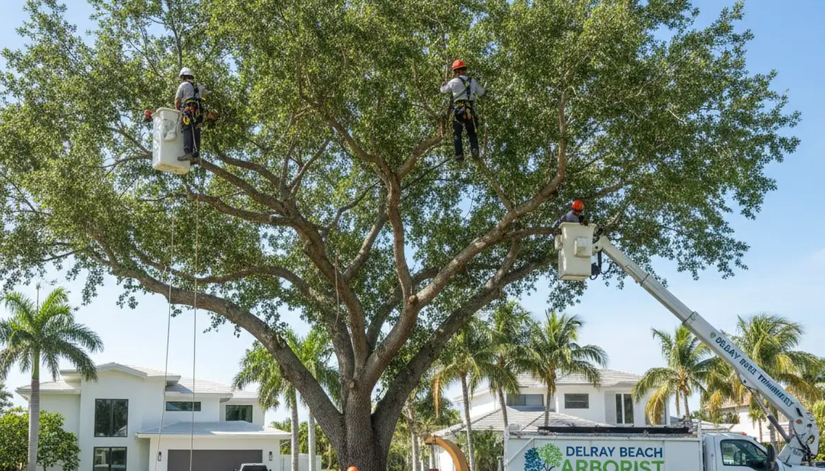 Professional tree removal service in Boca Raton FL safely cutting and clearing large palm trees