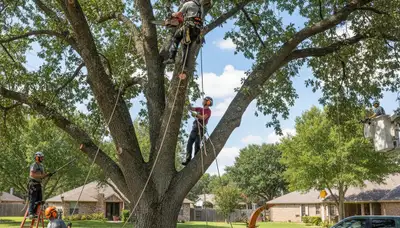 Arborist trimming palm tree at coastal home in Boca Raton, FL for Chop Chop Tree service