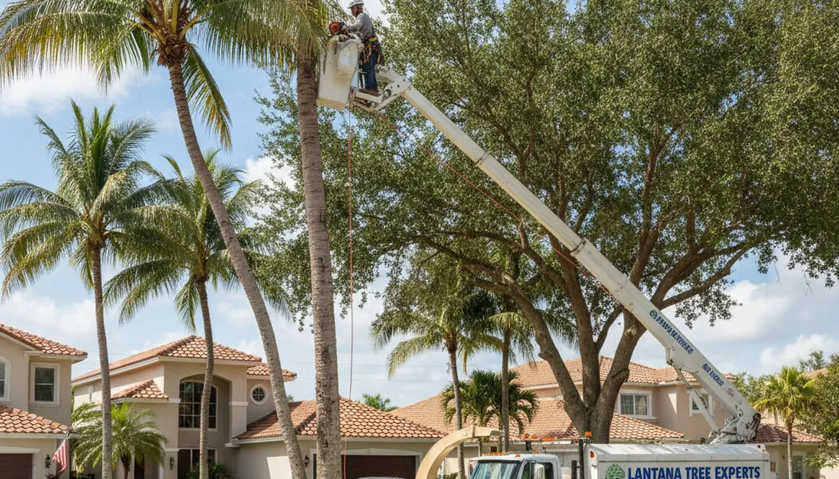 Professional tree removal service in Boca Raton FL safely cutting and hauling large oak tree