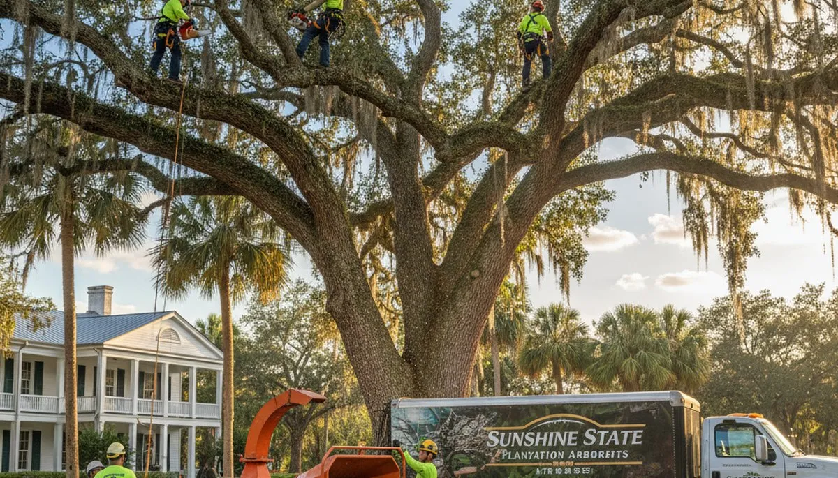 Professional tree removal service crew in Boca Raton FL safely cutting and clearing large trees