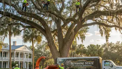 Professional tree removal service crew in Boca Raton FL safely cutting and clearing large trees